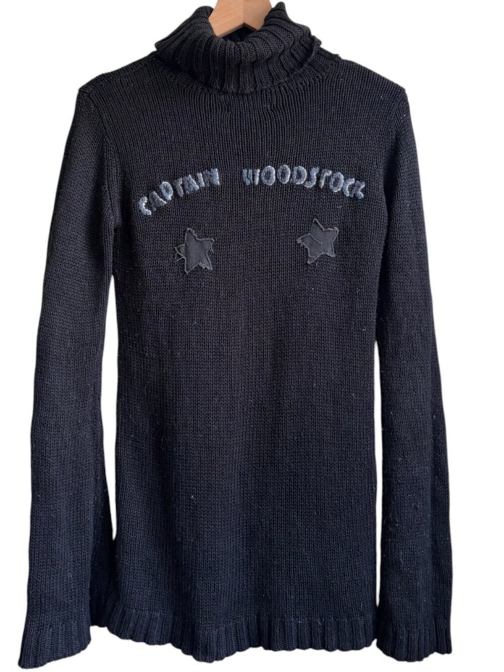 Y2K Black Turtleneck Sweater Embroidered Woodstock Star Flower Grunge - Picture 3 of 5